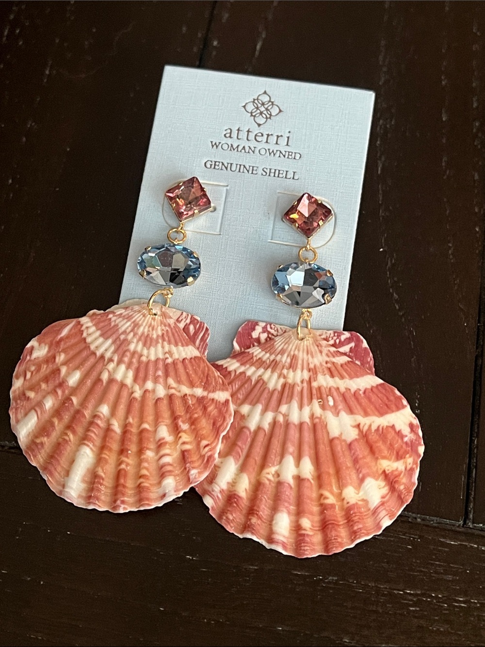 Atterri Pink Shell Drop Earrings with Blue Crystal Accents